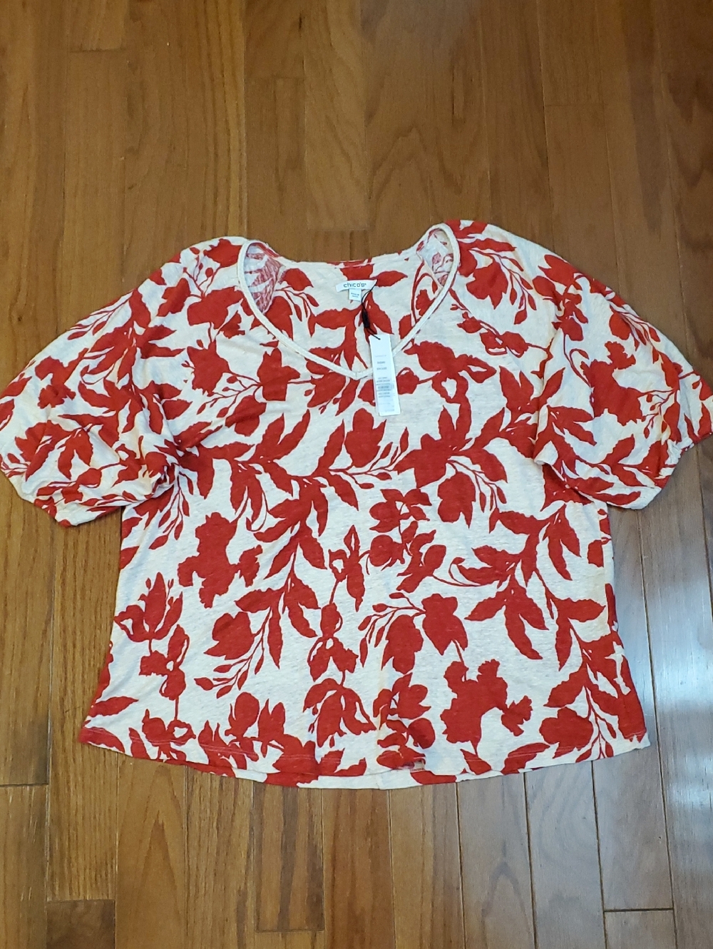 Chicos Linen Top Womens Size 3 XL Red Glow Vines Braid Neck Floral Resort NWT